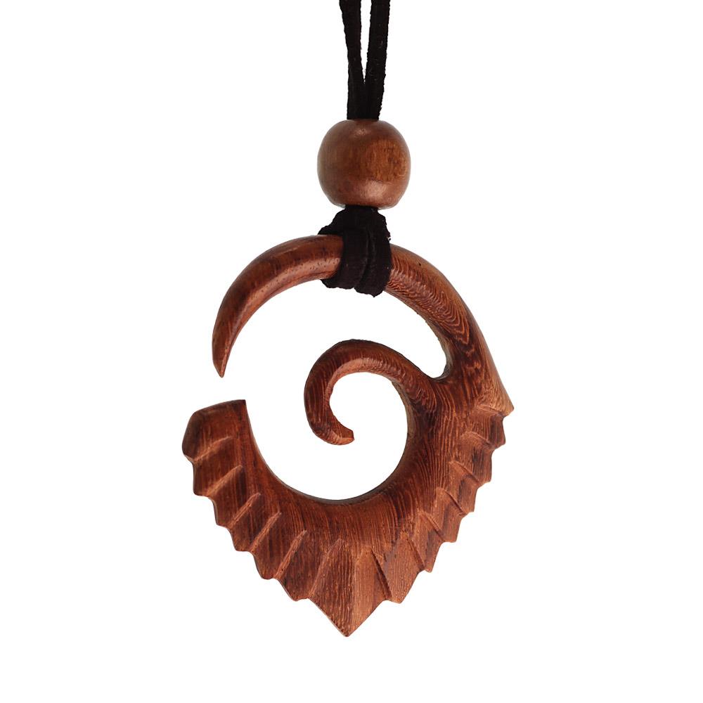 Kette Holz Spiralen Zacken Ornament Anhänger mittelbraun Lederband verstellbar Holzperle