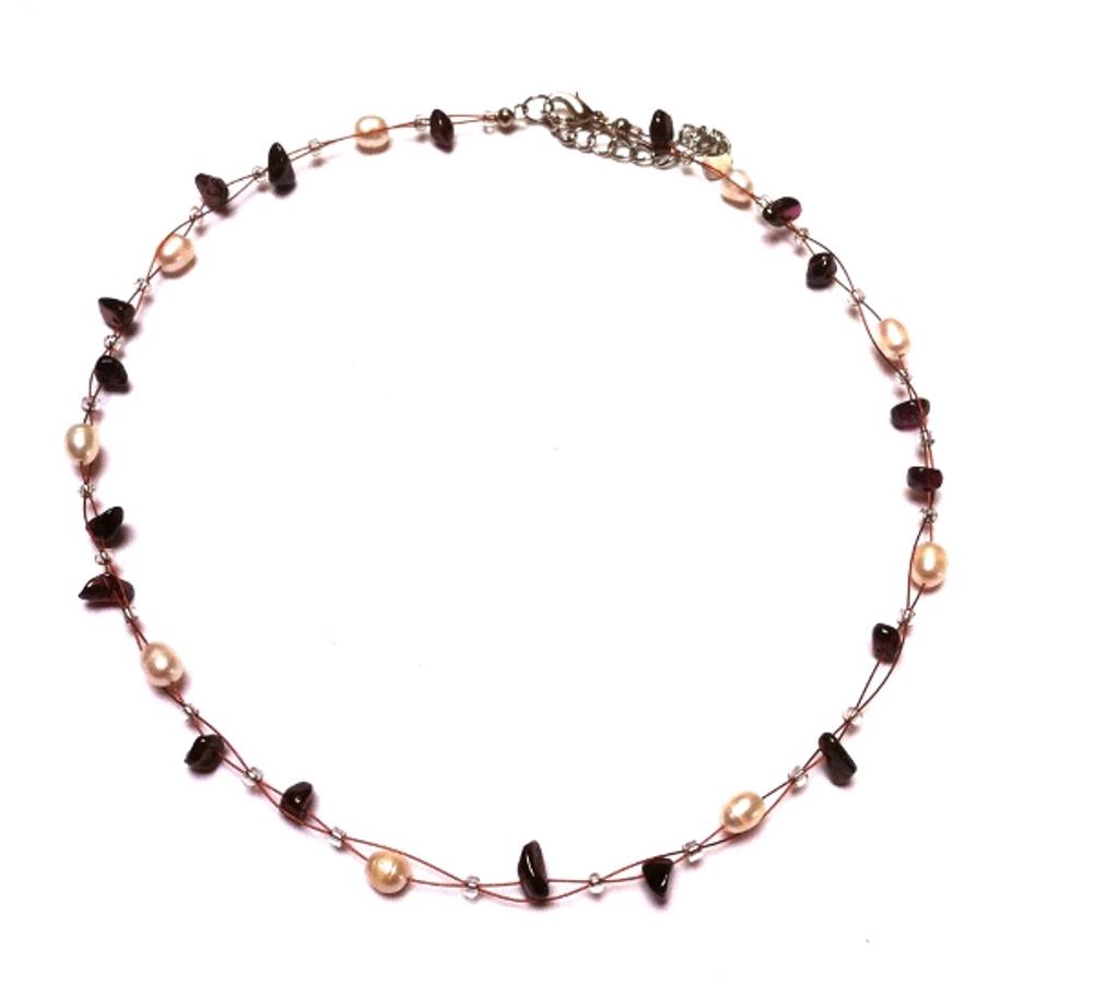 Halskette Steinsplitter Perlen rubin rot weiß 42-48 cm