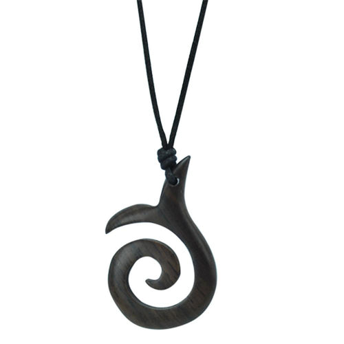 Necklace, brown, made of Sono wood, swirl-shaped pendant, 4.6x3.9cm, adjustable cotton chain