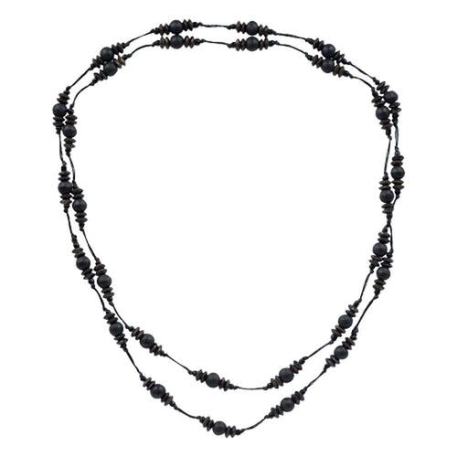 Necklace, black and brown, made of Sono wood and cotton, with beads, 120cm long