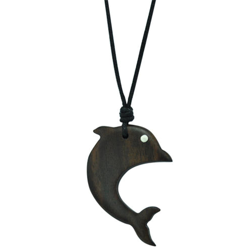 Brown necklace with wooden dolphin pendant, 4.7x3.2cm, adjustable