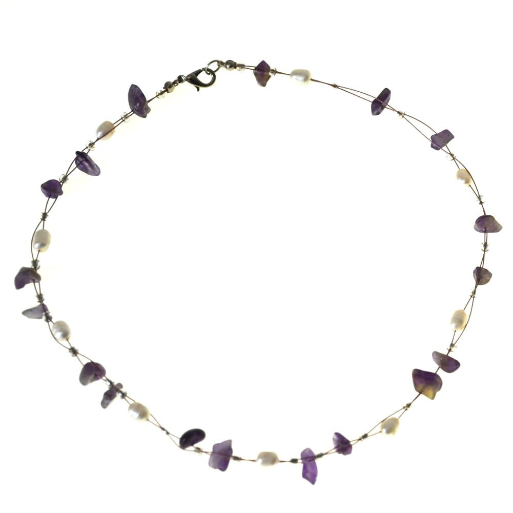 Halskette Steinsplitter Perlen Amethyst lila weiß 42 cm
