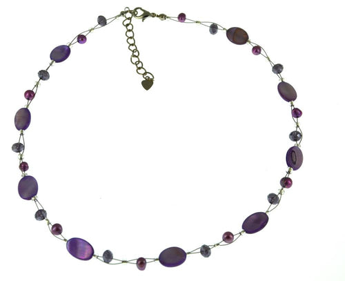 Necklace Glitter Beads Mother-of-Pearl Discs Oval Purple