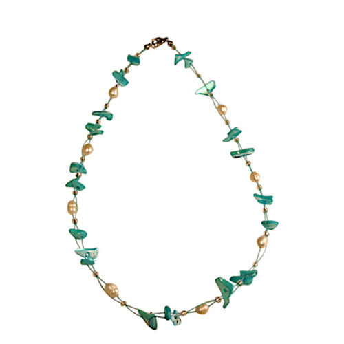 Necklace with mother-of-pearl chips, turquoise and white beads, 42 cm