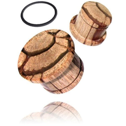 Two hand-carved, light brown Tigerholz wooden plugs with a natural pattern and a black rubber O-ring are displayed on a white background. Ideal as a stylish Tribal Holzplug or classic Ohr Plug Tunnel.