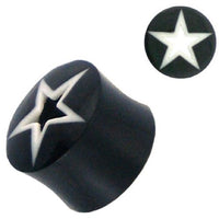 Cargar imagen en el visor de la galería, Tribal Buffalo Horn Plug schwarz mit weißem Sternmuster, handgeschnitzt aus Büffelhorn
