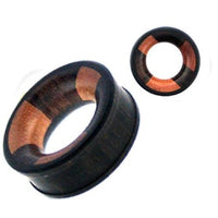 Load image into Gallery viewer, Tribal Tunnel zweifarbig braun schwarz Holztunnel handgeschnitzt verschiedene Holzarten Plug Expander
