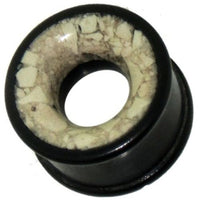 Load image into Gallery viewer, A hand-carved black ironwood ear tunnel expander, featuring a white marmor inlay around the edge; Tunnel schwarz Marmorinlay weiß Holztunnel Tribal Plug Expander.
