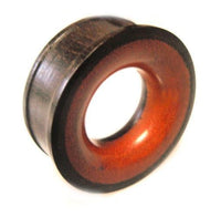 Load image into Gallery viewer, A close-up of the Holz Tunnel Eisenholz Rotholz schwarz braun handgeschnitzt, a circular, dark brown and reddish hollow wooden piece with a shiny surface, displayed at an angle on a white background.
