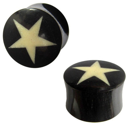 Horn Plug schwarz Bone Inlay weiß Stern Hornplug Büffelhorn Tribal Buffalo Tunnel Ohrring Ohrstecker