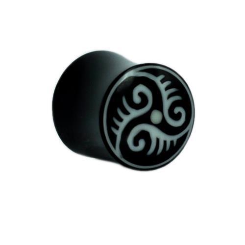 The Horn Plug Bone Inlay features a white spiralmuster on black Büffelhorn, styled as a Tribal Buffalo Hornplug Tunnel Expander/Ohrstecker, shown on a plain white background.