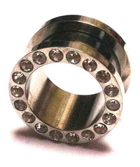Load image into Gallery viewer, The Metall Tunnel Chirurgenstahl Strass Kristall Inlay Unisex Plug is a silbergrau expander with clear Glitzerstein crystals on the front edge, perfect for stretched ear piercings and shown on a white background.
