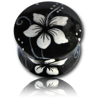 Load image into Gallery viewer, Holz Plug Hawaii Blume weiß schwarz Teakholz handbemalt
