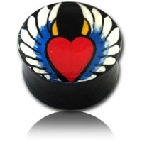 Load image into Gallery viewer, Holz Plug Herz Engel Flügel Teufel Hörner Teakholz schwarz rot gelb weiß Tunnel Unisex Ohrschmuck Ohrstecker
