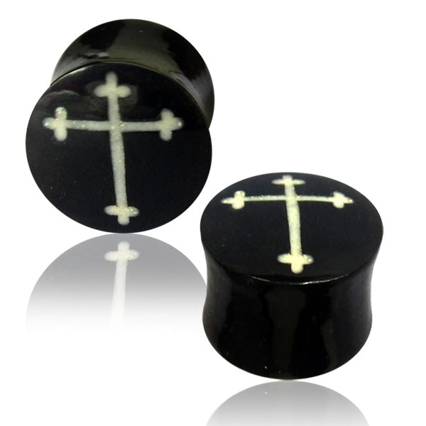 Horn Plug Kreuz gothic Bone Inlay schwarz weiß Flesh Tunnel Organic Expander Tribal Piercing