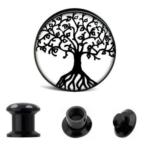 Screw Plug Acrylic Tree of Life White Black Tunnel Expander Piercing Ear Jewelry