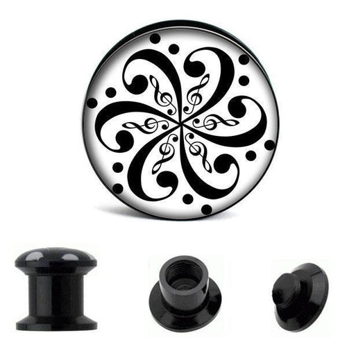 The Schraub Plug Acryl Blume Notenschlüssel weiß schwarz Tunnel Expander Piercing Ohrschmuck showcases a black and white design with treble clefs, dots, and swirls. Three views display the front, side, and screw-on back of this stylish ear gauge.
