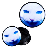Load image into Gallery viewer, Schraub Plug Acryl Katze Kopf weiß blau Piercing Ohrschmuck
