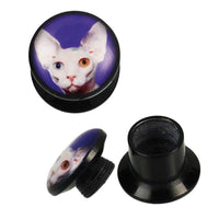 Load image into Gallery viewer, Schraub Plug Acryl Sphynx Katze weiß lila Piercing Ohrschmuck
