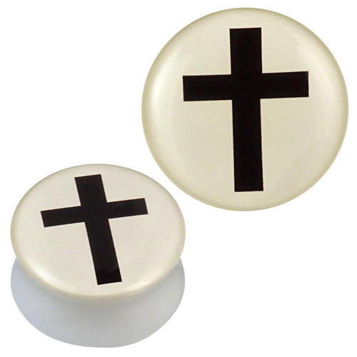 Zwei runde Acryl Plug weiß creme mit schwarzem Kreuz-Design ("Acryl Plug weiß creme schwarz Kreuz Piercing Ohrschmuck") sind von oben und seitlich abgebildet.