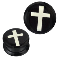 Load image into Gallery viewer, Two Schraub Plug Acryl schwarz weißes Kreuz Piercing Ohrschmuck are displayed from different angles on a white background—striking black and white plugs featuring bold Christian cross designs, ideal for a spiritual style statement.
