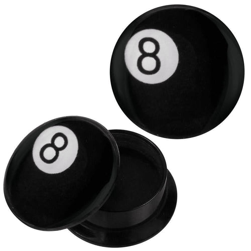 A pair of Schraub Plug Acryl schwarze acht Billardkugel Piercing Ohrschmuck for stretched ears, featuring a classic eight-ball design with a white circle and black eight.