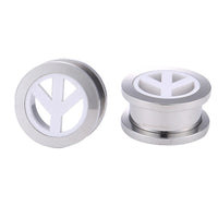 Load image into Gallery viewer, Schraubplug Chirurgenstahl weißes Inlay Peace Zeichen Tunnel Plug Edelstahl dünn silber Farben
