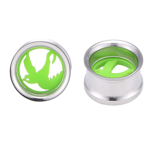 Tunnel Plug Motiv Friedenstaube Taube Neon Grün Edelstahl Schraubplug silber Farben