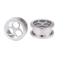 Load image into Gallery viewer, Two silver-colored Flesh Tunnel Edelstahl Schraub Plugs, each with three round holes in a clover pattern, are displayed against a white background.
