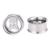 Load image into Gallery viewer, Two silver Tunnel Schraubplug Edelstahl dünn ear plugs are shown: one displays a cut-out Totenkopf design, while the other shows the hollow back. Both have a shiny, polished finish and are made from Edelstahl.
