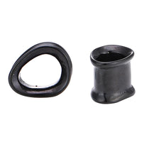 Load image into Gallery viewer, Two glossy black “Schraubplug Tunnel Triangle” plugs made of surgical steel are shown on a white background; one is concave and triangular, while the other is cylindrical with a wide base and uneven top edge.

