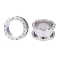 Load image into Gallery viewer, Edelstahl Plug silber Farben eingefasste Zirkonia Steine Schraubplug dünn
