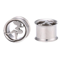 Load image into Gallery viewer, Two Edelstahl Tunnel Plug dünn silber Farben, each with a Pin up Girl cutout, crafted from hochwertigem Chirurgenstahl. One plug is shown from the side, the other from the front.
