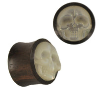 Load image into Gallery viewer, Organic Holz Plug braun Perlmutt Skull Riss weiß schillernd schwarz Tribal
