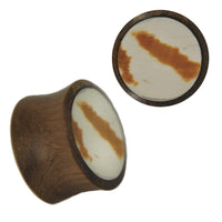 Load image into Gallery viewer, Organic Sonoholz Plug Weiß Gelb Muschel Inlay braun Flecken Muster Tribal
