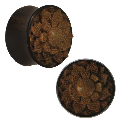 Holz Plug dunkel dreilagige hohe Blume Jackfrucht Holz Tribal Piercing