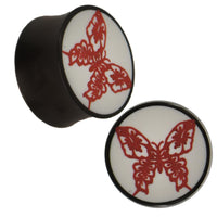 Load image into Gallery viewer, Plug Horn rot weiß Gravur Schmetterling Hawai Blumen Blätter schwarz Piercing
