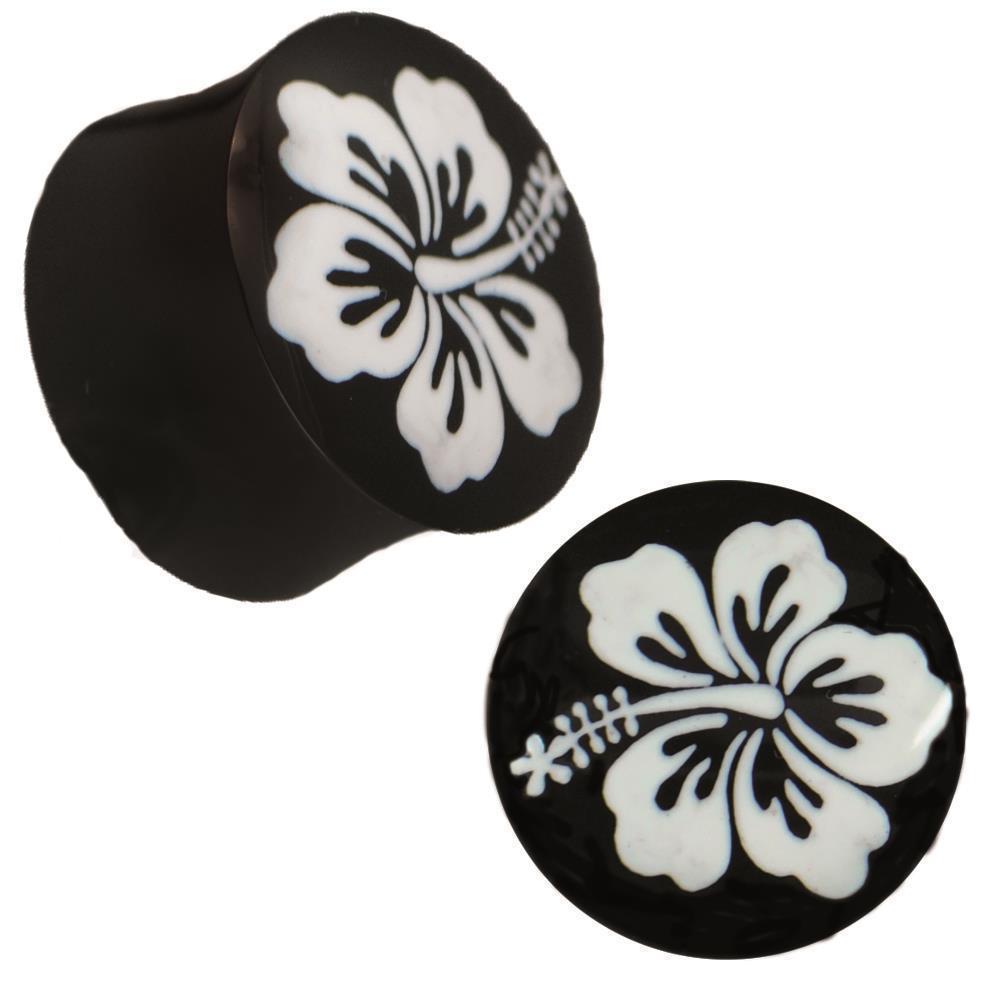 Plug Horn weiße Gravur Hawaii Blume handgeschnitzt schwarz Piercing