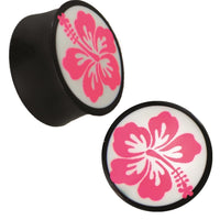 Load image into Gallery viewer, Plug Horn neon pink weiße Gravur Hawaii Blume handgeschnitzt schwarz Piercing
