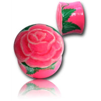 Load image into Gallery viewer, Pair of pink, round Holz Plug Rose Blume rosa grün tunnel ear plugs made from teakholz, featuring detailed hand-painted roses with green leaves—one displays the rose front, the other shows the teakholz plug side.

