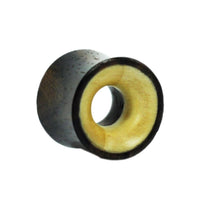 Load image into Gallery viewer, A hand-carved cylindrical Holz Tunnel Plug Expander made from Teakholz and Eisenholz, showcasing a dark exterior and light inner core—ideal for stretched piercings in a unique, tribal style.
