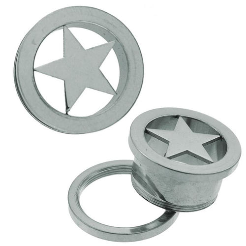 Two Tunnel silbern Stern Chirurgenstahl Edelstahl Schraub Plugs are shown. One stands upright, while the other lies on its side, displaying the star cut-out, threaded back, and separate circular ring.