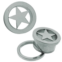 Load image into Gallery viewer, Two Tunnel silbern Stern Chirurgenstahl Edelstahl Schraub Plugs are shown. One stands upright, while the other lies on its side, displaying the star cut-out, threaded back, and separate circular ring.
