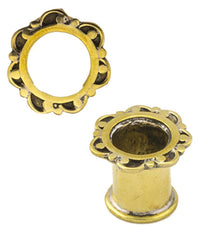 Load image into Gallery viewer, Two antik gold, nickel-free Brass Tunnel Bogen Punkte Muster plugs with decorative edges are displayed on a white background, one upright and one showing its hollow center.
