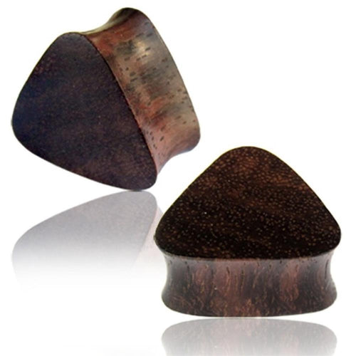 Two dark brown, triangular wooden ear plugs made from Narraholz, displayed on a white background—one upright and one lying down. An elegant "Triangle Plug Narraholz dunkel Pünktchen Expander Tunnel Tribal dreieckig" for stretched piercings.