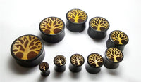 Load image into Gallery viewer, Plug Holz Jackfrucht Sonoholz ocker dunkel braun Baum des Lebens Gravur Piercing
