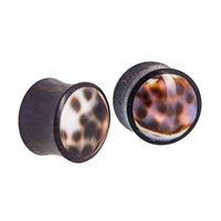 Load image into Gallery viewer, Organic Arangholz Plug Black Dots Shell Inlay weiß dunkel Tribal
