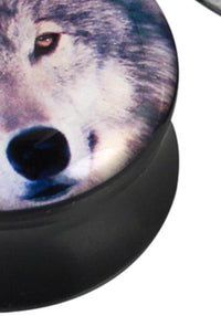 Load image into Gallery viewer, Plug Acryl weiß grauer Wolf Kopf schwarz Piercing Ohrschmuck
