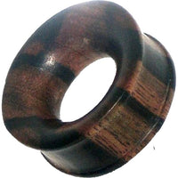 Load image into Gallery viewer, A close-up of the Holztunnel Tigerholz dunkelbraun Plug, featuring a dark brown color with natural grain, curved shape, and flared edge—hand-carved Tribal Holz Tunnel Plug as Ohrschmuck for stretched ear piercings.
