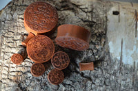 Load image into Gallery viewer, The Sawoholz Holz Flesh Plug braun features a warrior face engraving, displayed on rough tree bark in natural light, highlighting its detailed craftsmanship.
